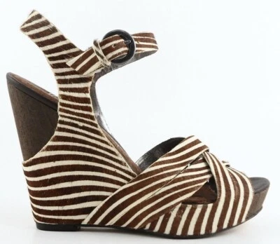 Sandalias Sam Edelman 8M Plataforma Cuña Katrice Marrón Marfil Cuero Cebra Rayas Foto 1 de 4