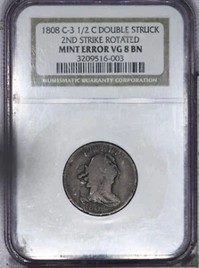 1808 Draped Bust Half Cent 1/2c NGC VG8 Mint Error Double Struck 2nd Rotated LB - Picture 1 of 2