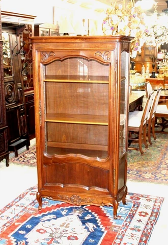 French Antique Walnut Louis XV Display Cabinet with 3 Shelves Cover