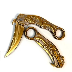 9" Karambit Tactical Gold Dragon Spring Assisted Open Blade Folding Pocket Knife - Picture 1 of 6