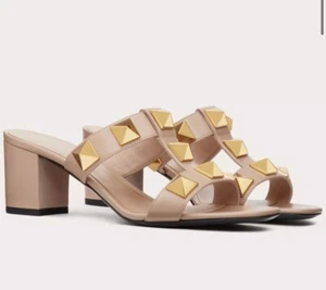 Valentino Garavani Roman Stud Slide Block Heel Sandals, Rose/Gold, Size 36.5 - Picture 1 of 17