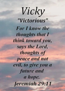 Vicky "Victorious" Keepsake Name Meaning Card with Bible Verse - Picture 1 of 1
