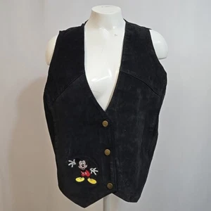 Mickey Mouse Suede Vest Genuine Leather Black Size M/L Waistcoat Embroidered - Picture 1 of 8