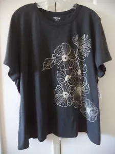 Must! Charcoal Grey Subtle Outline Floral Print Scoop T-shirt XL 16 18 1X XLarge - Picture 1 of 6