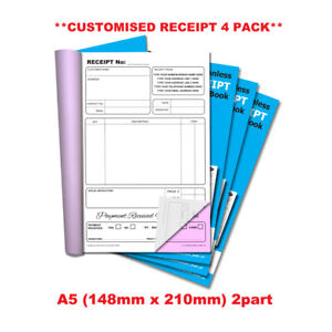 **PERSONALISED** NCR Receipt Duplicate Book A5 (148mm x 210mm) 50 sets 4 PACK
