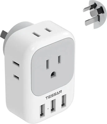 TESSAN Australia Power Plug Adapter with 4 American Outlet 3 USB for US to New Zealand