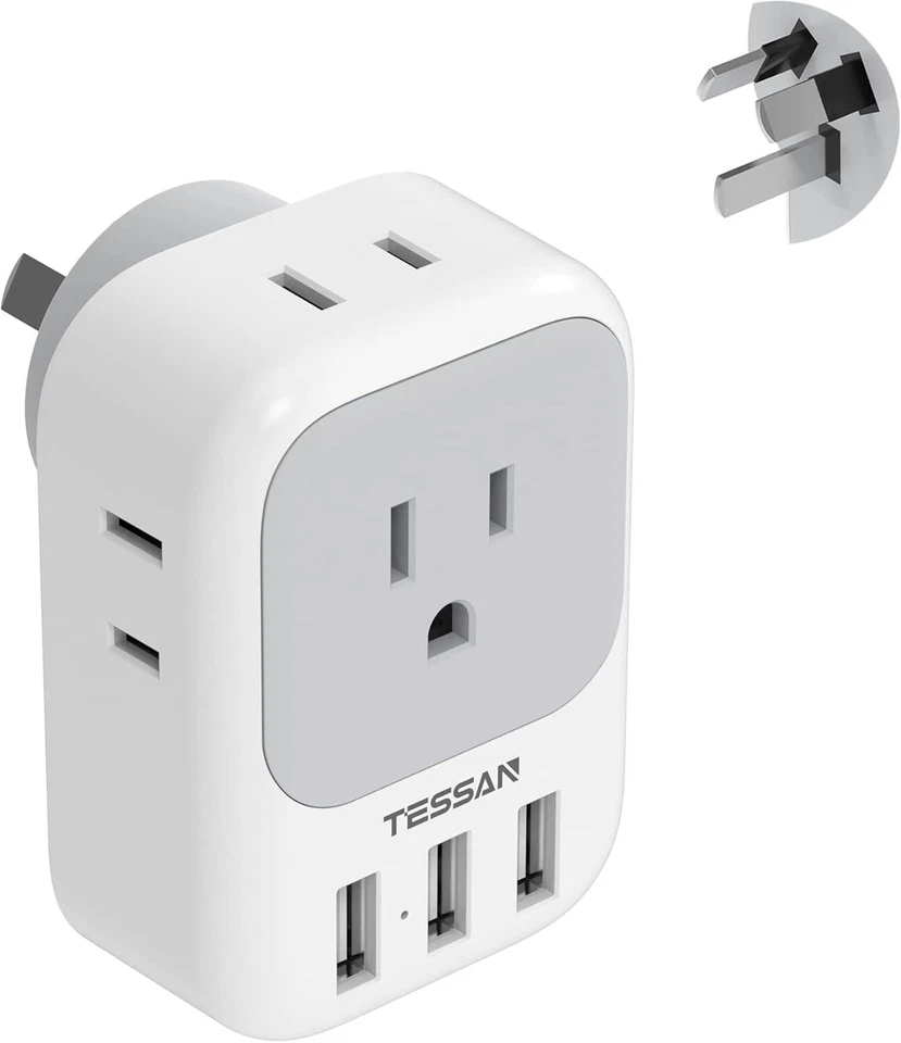 Australia Power Plug Adapter with 4 American Outlet 3 USB for US to New Zealand - Image 1 of 4