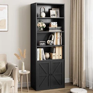 Floor Mount Tall Bookcase 4 Tier Wooden Book Shelf Storage Cabinet w/ 2 Doors - Picture 1 of 8