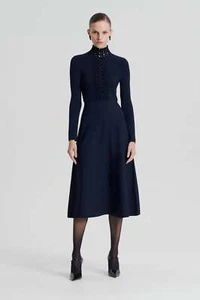 Scanlan theodore crepe knit long sleeve midi daisy dress navy blue size XS - Picture 1 of 8