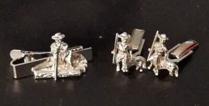 Vintage Sarah Coventry Hunter & Dog Cufflinks/Tie Clip Set Silver tone 3D - Picture 1 of 9