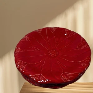 3- New  Red Glazed Ceramic Plates Trinket Dish Flower Shape Pier 1 Japan 8" - Picture 1 of 12
