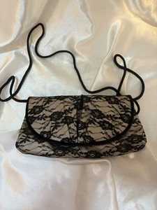 Black and Ivory Lace Overlay Evening Elegant Purse Clutch w/ Crossbody strap - Picture 1 of 8