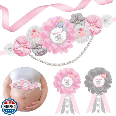 JOYMEMO Rosa y Gris Elefante Baby Shower Maternidad Faja Kit - Flor Bebé S Foto 1 de 4
