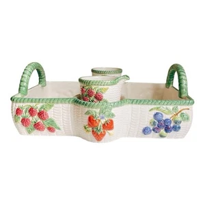 Vintage 3-teiliges Set niedliches Keramik Serviertablett Obst mit Griff, Zuckerdose & Milchkännchen - Bild 1 von 11