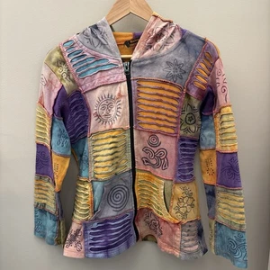 Rising International Jacket Hoodie Patchwork Hippie Boho Tribal Women medium - Picture 1 of 10