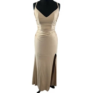 La Femme Gold 6 Brautjungfernkleid V-Ausschnitt gekreuzter Rücken Träger seitlicher Beinausschnitt Reißverschluss hinten - Bild 1 von 7