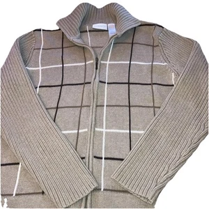 Liz Claiborne Women’s Sz. L FullZip Khaki White Dark Brown Grid Sweater Lizsport - Picture 1 of 9