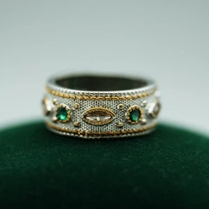 Vintage Mligrain Women Ring Natural Emerald Morganite Solid 14K 2-Tone Gold Gift - Picture 1 of 5