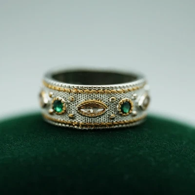 Vintage Mligrain Women Ring Natural Emerald Morganite Solid 14K 2-Tone Gold Gift - Image 1 of 4