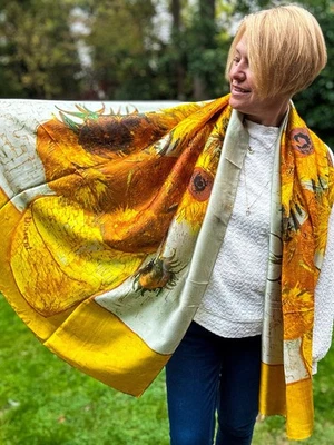 SHE LOVES GIFTS Damas Mujeres Pintor 100% SEDA Van Gogh Girasoles Estampado AMARILLO Moda Bufanda