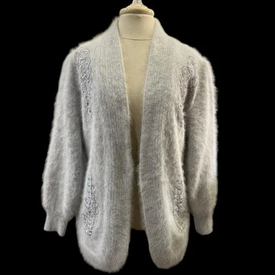 Suéter De Colección Lee Sands Para Mujer Gris Cuentas Cárdigan-Mezcla Angora Conejo-122 Foto 1 de 4