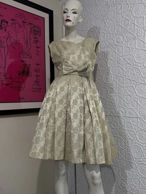 Vintage 1950s Brocade Party Dress-Off White Midcentury Party Cocktail S/M - Image 1 of 4