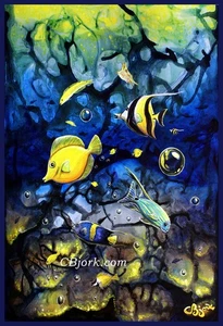 CBjork Signed 13 x 19" Print Hawaiian Blue Reef Glow Moorish idol Tang Fish - Picture 1 of 1