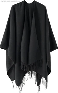 Black Poncho Shawl Wraps for Women Women\'s Soft Warm Ponchos Sweaters Open Fron - Picture 1 of 5