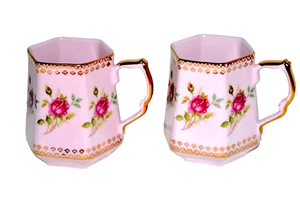 Vintage JSK Czechoslovakia Teacup SET of 2 PINK Porcelain Cups Mug - Picture 1 of 7