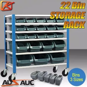 22 BIN Storage Shelving Tools Parts Rack Shelf Garage Workshop Wheels 5 Tier - Picture 1 of 8