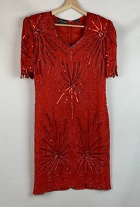Jakelin Designs Red Dress Sequin Bead V-Neck Short Sleeve Zip Lined Vent Size M - Picture 1 of 11