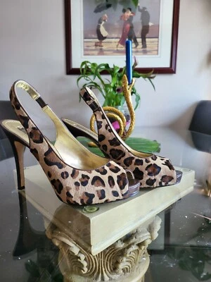 Nine west calf hair leopard print peep toe sling back heels - 8 M - gorgeous! - Image 1 of 4