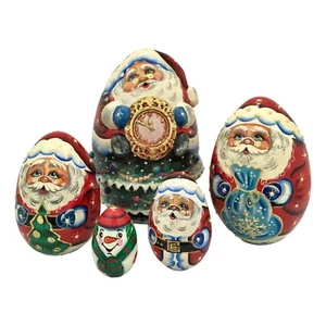 SANTA Russian Hand Carved Hand Painted Christmas Nesting Dolls - Picture 1 of 5
