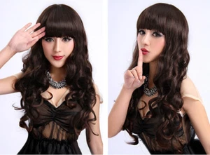 Fashion Dark Brown Long Curly Wavy Neat Bangs Women Hair Wig Full Wigs + Wig Cap - Picture 1 of 4