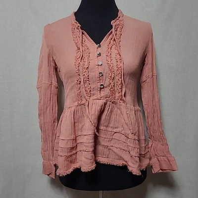William Rast Manga Larga Peplum Top Mujer Talla Pequeña Rosa Volantes Corbata Foto 1 de 4