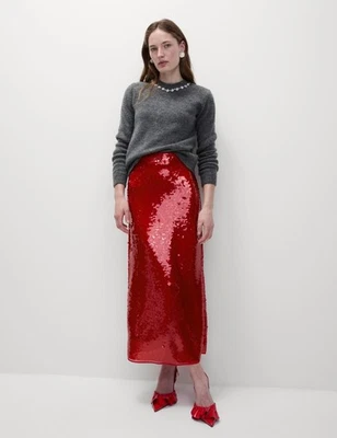 Marks & Spencer Womens Red Sequin Midaxi Pencil Women Skirt - M&S