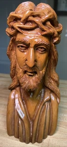 Gesù Cristo ✝️ Corona di Spine, Busto Testa Piangente, Scultura in Legno Intagliata a Mano - Foto 1 di 9