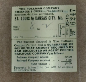 Pullman Personenzug Ticket Mai 1927 St Louis Union Station nach Kansas City - Bild 1 von 2