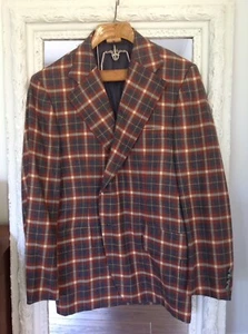 Vintage 1970s Richard Bennet ORANGE & Gray FINE WOOL Blazer Gold Overplaid 38R - Picture 1 of 11