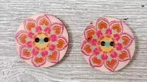 flowers boho wood sewing buttons 2 holes 1 inch (set #1308) 2pc - Image 1 of 2