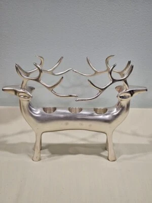 Candelabro vintage de aluminio pulido pesado de 3 orificios con doble reno vacaciones Foto 1 de 4