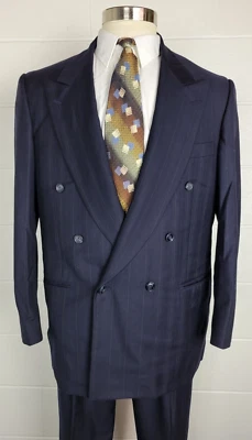 Traje de Lana Samuelsohn Tilford Para Hombres Doble Pecho Azul Rayas 43R Foto 1 de 4