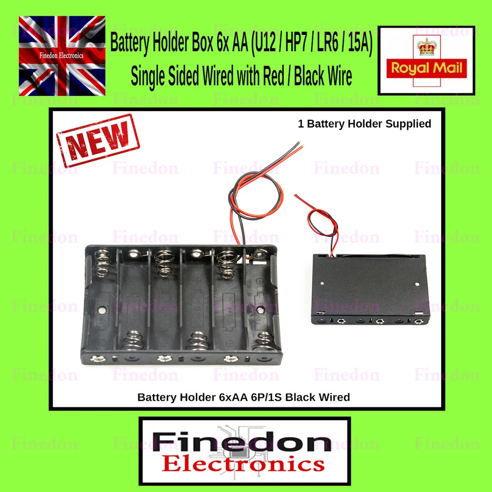 Battery Holder Black Box 6x AA Wired Red Black PCB Box Enclosure Arduino