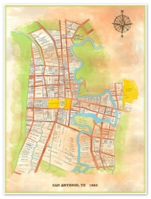 Landowners Map of San Antonio Texas as in 1855 - Vintage Themed Home Decor - Image 1 of 4