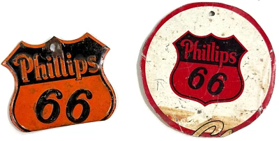 Par de letreros de hojalata Phillips 66 de colección (x2) tapa de licencia recortada Foto 1 de 4