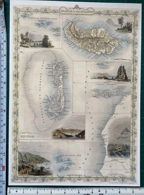 Mapa de imagen antigua del siglo XIX: Islas Atlánticas Canarias Azores Tallis Reimpreso Foto 1 de 4