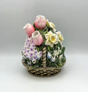 Party Lite Porzellan Blumenstrauß Korb Teelichthalter. 4,5" x 6" x 8" hoch - Bild 1 von 5
