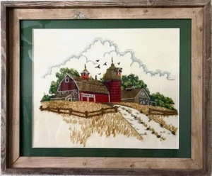 *RED BARN IN THE HEARTLAND* EMBROIDERY CREWEL WORK (23X19) PROFESSIONALLY FRAME - Picture 1 of 24