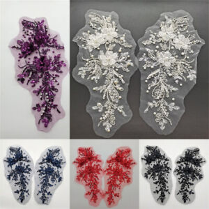 1 Pair 3D Flower Applique Embroidery Lace Sequin Beads Patch DIY Wedding Craft