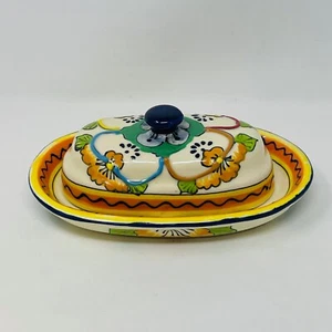 Talavera Mexican Pottery Butter Dish Colorful Floral Hand Painted Yellow NEW - Picture 1 of 15